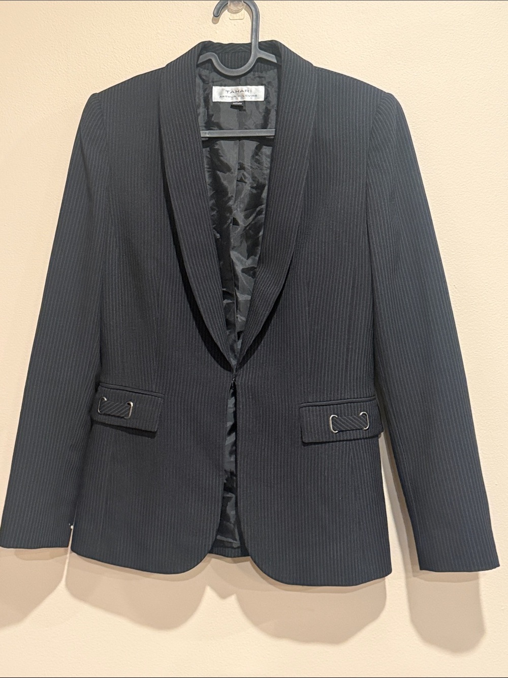 Tahari ASL Black Pinstripe Shawl Collar Blazer with Metal Loop Detail
